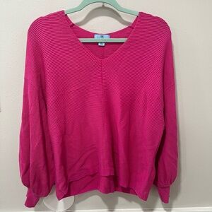CeCe Pink V-Neck Sweater with Balloon Sleeves